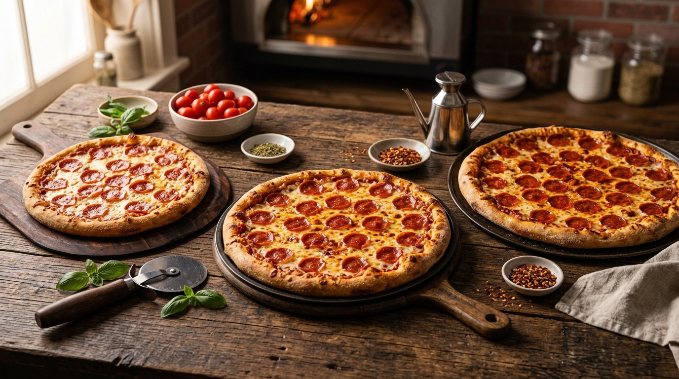 Domino's pizza size comparison chart showing small, medium, and large pizzas on a rustic wooden table with pizza cutter