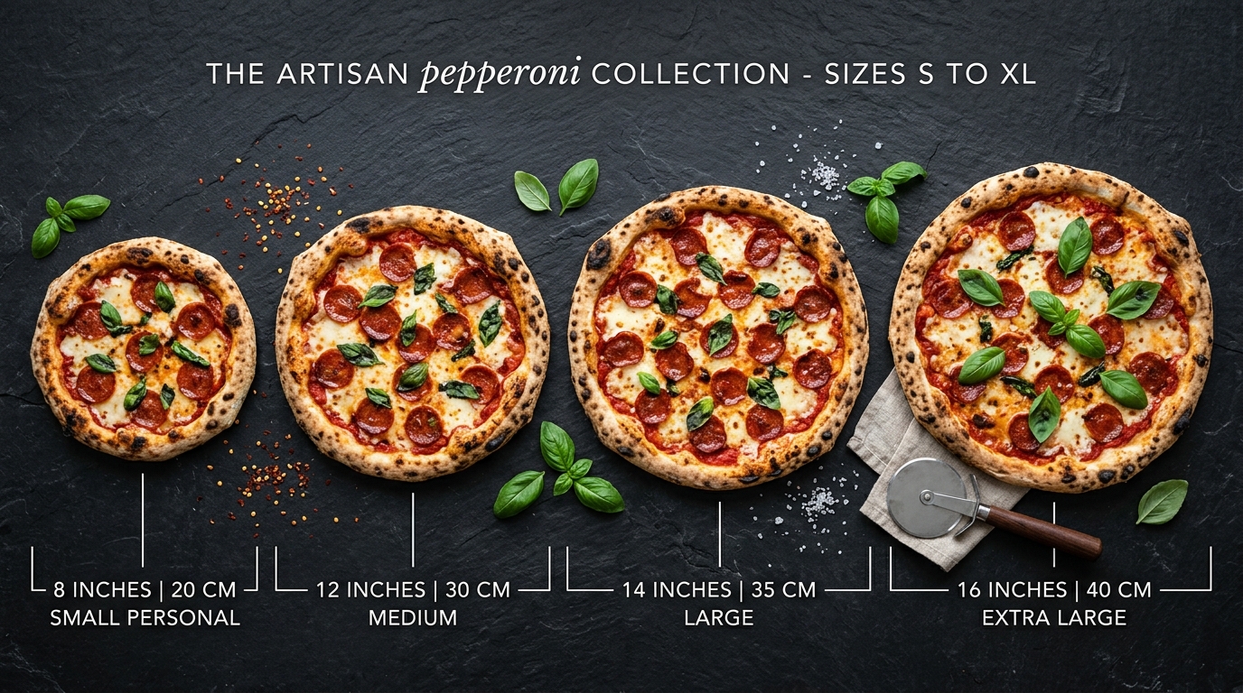 Pizza size diameter guide and comparison from small personal 8-inch to extra large 16-inch pizzas on dark slate