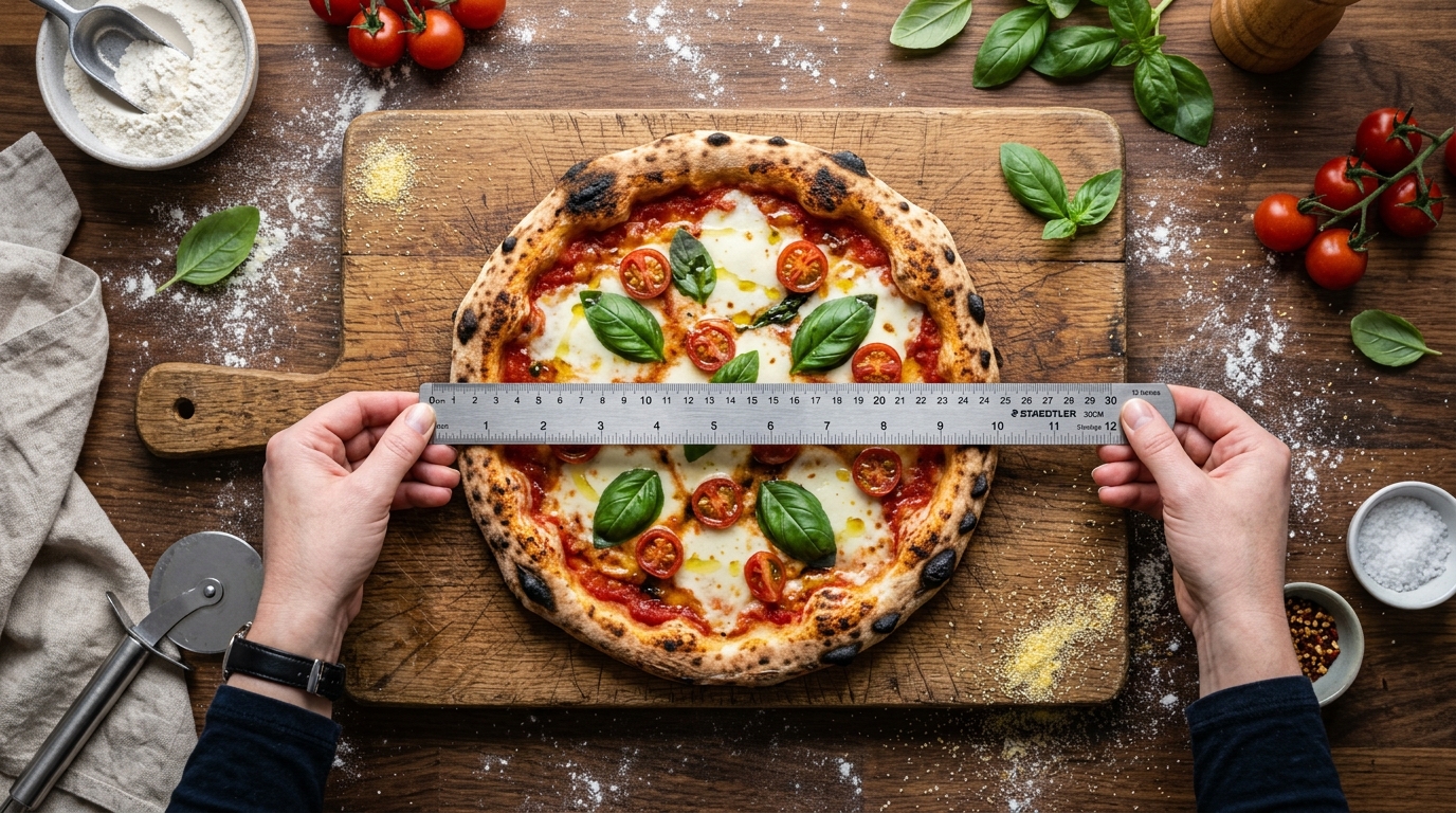 Top-down view of measuring pizza diameter and radius with a metal precision ruler on a wooden cutting board