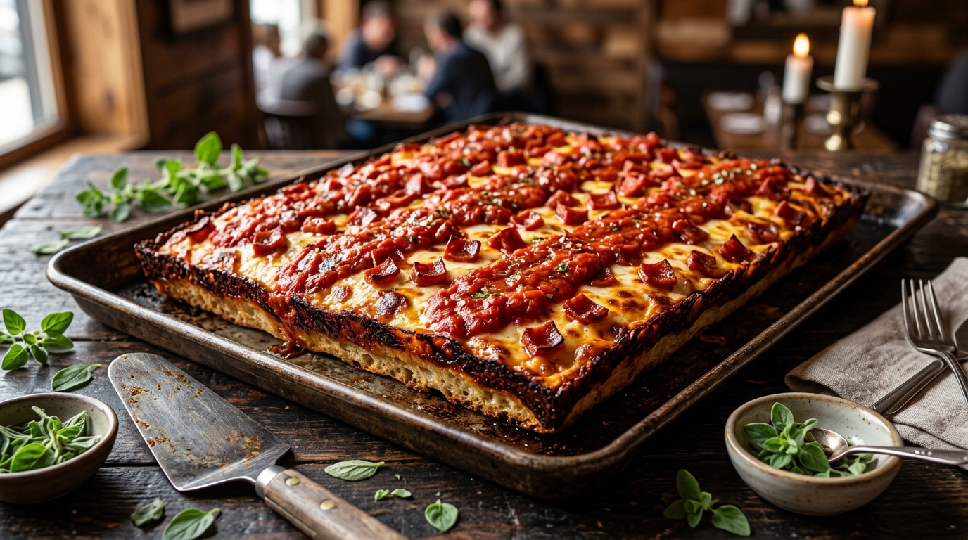 Jet's Detroit-style deep dish square pizza with crispy caramelized cheese edges and tomato sauce stripes