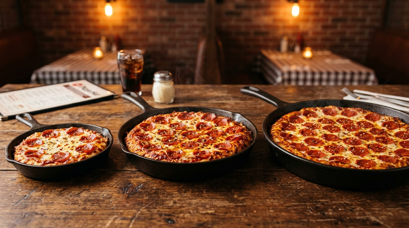 Pizza Hut pan pizza sizes comparison showing personal pan, medium, and large deep dish pizzas in cast iron skillets