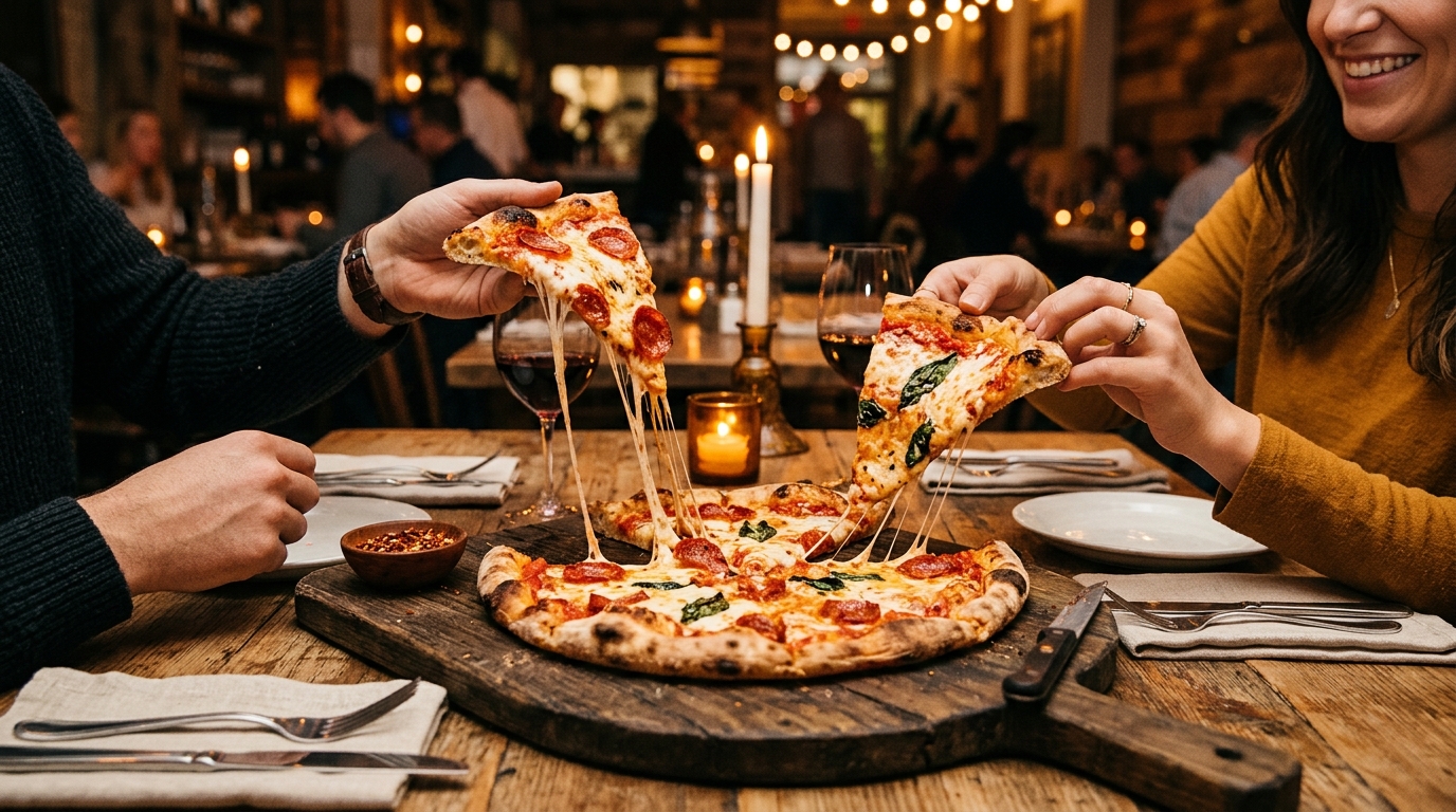 Two people sharing a medium 12-inch pizza with hot cheese pull at a cozy dinner table
